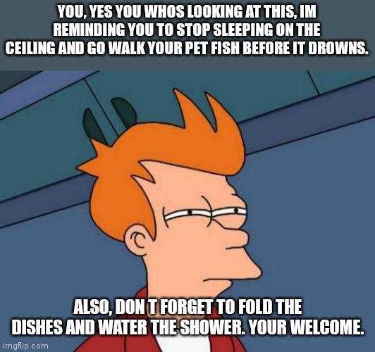 ....... | YOU, YES YOU WHOS LOOKING AT THIS, IM REMINDING YOU TO STOP SLEEPING ON THE CEILING AND GO WALK YOUR PET FISH BEFORE IT DROWNS. ALSO, DON T FORGET TO FOLD THE DISHES AND WATER THE SHOWER. YOUR WELCOME. | image tagged in memes,futurama fry | made w/ Imgflip meme maker