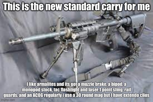 ar15 is short for armalite 15 btw | This is the new standard carry for me; I like armalites and its got a muzzle brake, a bipod, a monopod stock, tac flashlight and laser,1 point sling, rail guards, and an ACOG regularly i use a 30 round mag but I have extendo clios | image tagged in armalite 15 decked out | made w/ Imgflip meme maker