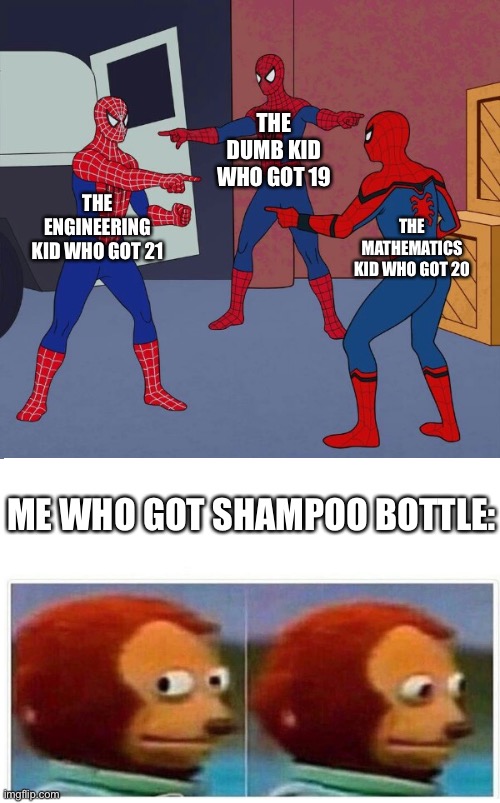 Insert low quality meme images | THE DUMB KID WHO GOT 19; THE ENGINEERING KID WHO GOT 21; THE MATHEMATICS KID WHO GOT 20; ME WHO GOT SHAMPOO BOTTLE: | image tagged in spider man triple | made w/ Imgflip meme maker