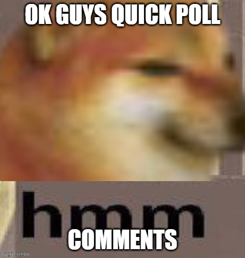 Cheems/Horny Officer "Hmmm" | OK GUYS QUICK POLL; COMMENTS | image tagged in cheems/horny officer hmmm | made w/ Imgflip meme maker