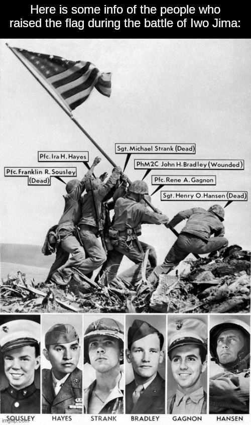 Here is some info of the people who raised the flag during the battle of Iwo Jima: | image tagged in history,usa,iwo jima,information | made w/ Imgflip meme maker
