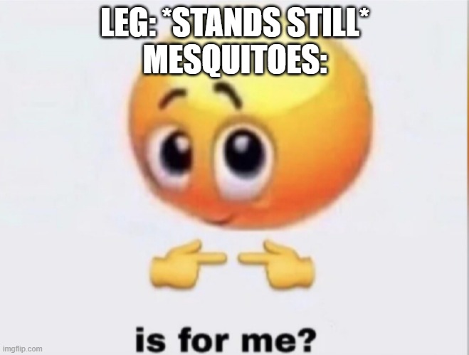 is for me? | LEG: *STANDS STILL*
MESQUITOES: | image tagged in is for me | made w/ Imgflip meme maker