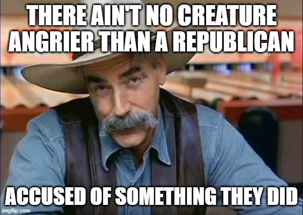 Sam Elliott special kind of stupid | THERE AIN'T NO CREATURE ANGRIER THAN A REPUBLICAN; ACCUSED OF SOMETHING THEY DID | image tagged in sam elliott special kind of stupid | made w/ Imgflip meme maker
