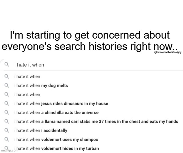 Your FBI agent is gonna question your sanity |  I'm starting to get concerned about everyone's search histories right now.. @anxiouswithasideofgay | image tagged in search history,google search | made w/ Imgflip meme maker