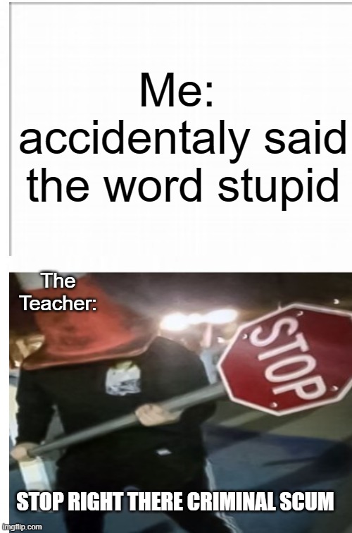 Loooooooool :P | Me:  accidentaly said the word stupid; The Teacher:; STOP RIGHT THERE CRIMINAL SCUM | image tagged in funny memes,school | made w/ Imgflip meme maker