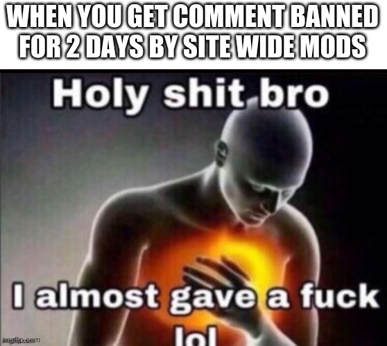 imagine being such a badass like me... taunting the feds | WHEN YOU GET COMMENT BANNED FOR 2 DAYS BY SITE WIDE MODS | image tagged in holy bro i almost gave | made w/ Imgflip meme maker
