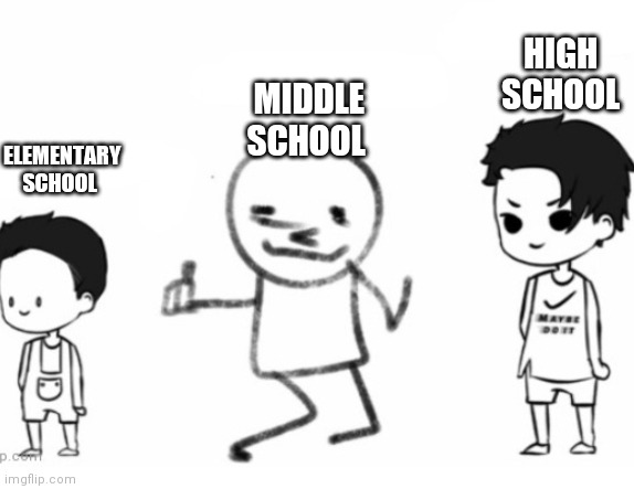 Good,jDuf,good | HIGH SCHOOL; MIDDLE SCHOOL; ELEMENTARY SCHOOL | image tagged in good jduf good | made w/ Imgflip meme maker