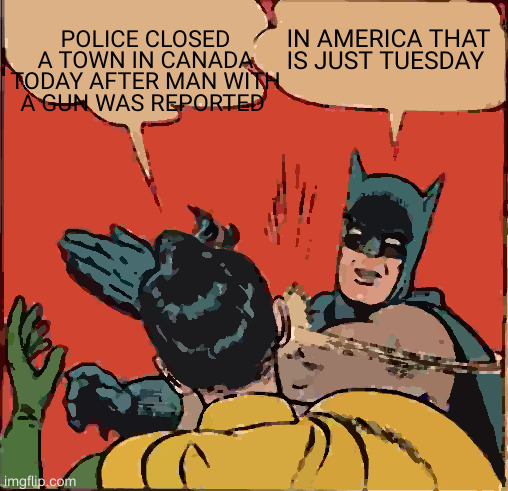 howdy neighbors btw all earthlings (David Bowie) | POLICE CLOSED A TOWN IN CANADA TODAY AFTER MAN WITH A GUN WAS REPORTED; IN AMERICA THAT IS JUST TUESDAY | image tagged in memes,batman slapping robin | made w/ Imgflip meme maker