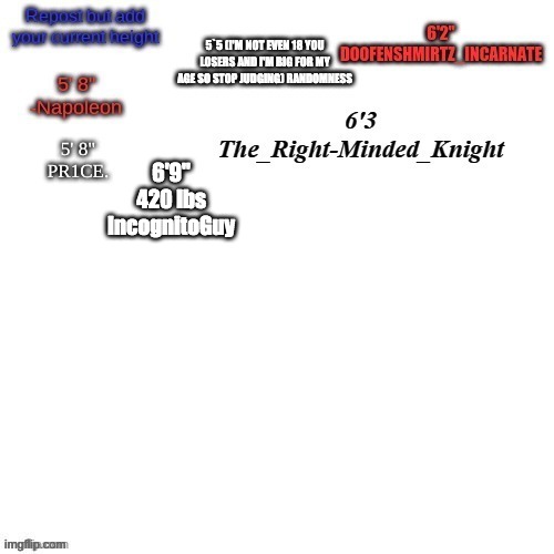 ;) | 6'9"
420 lbs
IncognitoGuy | made w/ Imgflip meme maker