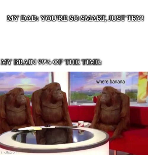 I'm back boys | MY DAD: YOU'RE SO SMART, JUST TRY! MY BRAIN 99% OF THE TIME: | image tagged in blank white template,where banana | made w/ Imgflip meme maker