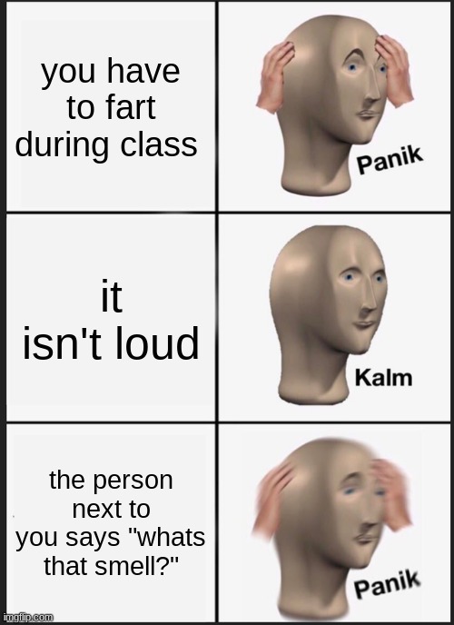 embarrassing moments of life | you have to fart during class; it isn't loud; the person next to you says "whats that smell?" | image tagged in memes,panik kalm panik | made w/ Imgflip meme maker