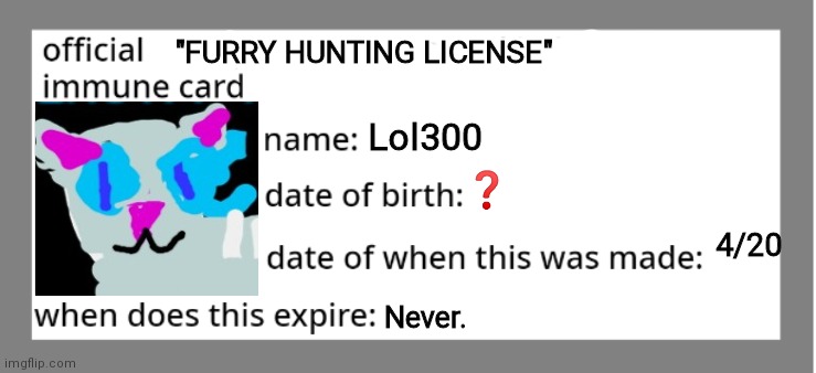 Unhuntable furry card | "FURRY HUNTING LICENSE"; Lol300; ❓; 4/20; Never. | image tagged in the furry fandom | made w/ Imgflip meme maker