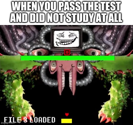 built differnt | WHEN YOU PASS THE TEST AND DID NOT STUDY AT ALL | image tagged in omega flowey troll face,built differnt,test | made w/ Imgflip meme maker