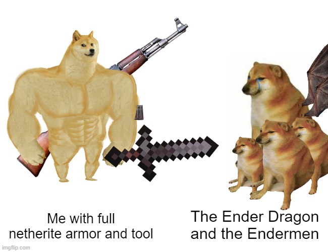 Doge War | The Ender Dragon and the Endermen; Me with full netherite armor and tool | image tagged in buff doge vs cheems,doge,minecraft | made w/ Imgflip meme maker