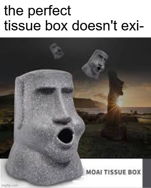 NOOOO THE MOAI BOX | the perfect tissue box doesn't exi- | image tagged in moai tissue box | made w/ Imgflip meme maker