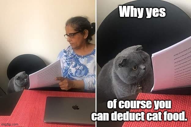 Accountant kitteh | Why yes; of course you can deduct cat food. | image tagged in woman showing paper to cat,cats,cat food,taxes | made w/ Imgflip meme maker