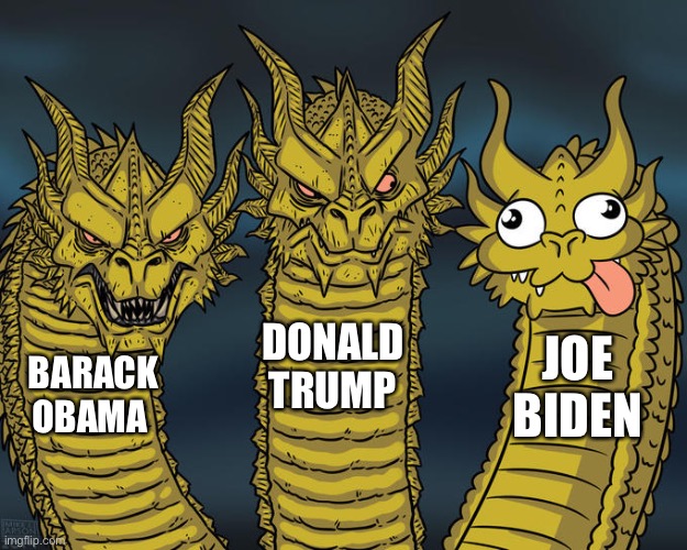 If you saw Obama’s speeches in the early 2010’s and saw a weird creepy ass with children in the background, well he is president | DONALD TRUMP; JOE BIDEN; BARACK OBAMA | image tagged in three-headed dragon,joe biden,creepy joe biden,sleepy joe,donald trump,barack obama | made w/ Imgflip meme maker