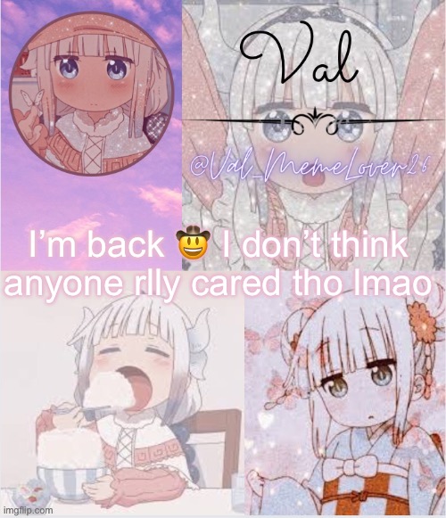 Hi again ig | I’m back 🤠 I don’t think anyone rlly cared tho lmao | image tagged in val kanna temp 11 | made w/ Imgflip meme maker