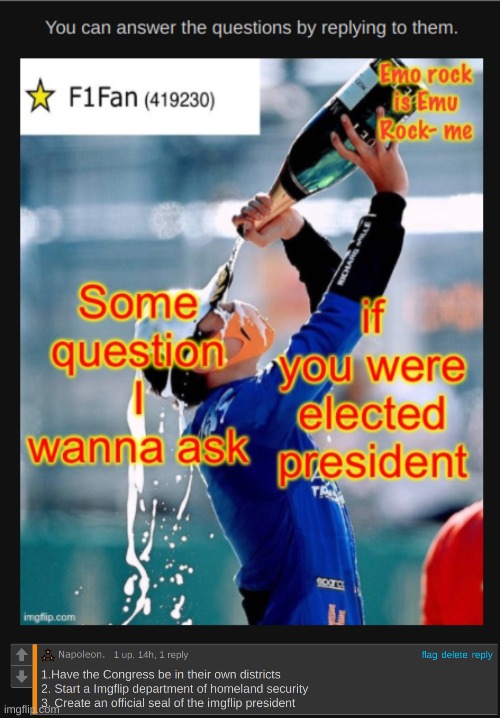 You can see on F1 Fan's images but for his first question was a hard one to answer but I gave it my best shot | made w/ Imgflip meme maker