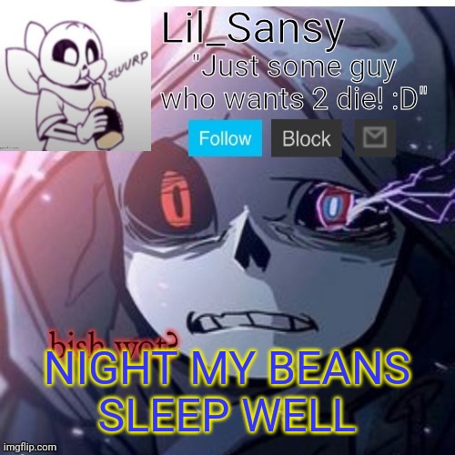 Lil_Sansy template | NIGHT MY BEANS
SLEEP WELL | image tagged in lil_sansy template | made w/ Imgflip meme maker