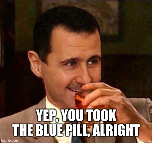 Assad draper | YEP, YOU TOOK THE BLUE PILL, ALRIGHT | image tagged in assad draper | made w/ Imgflip meme maker