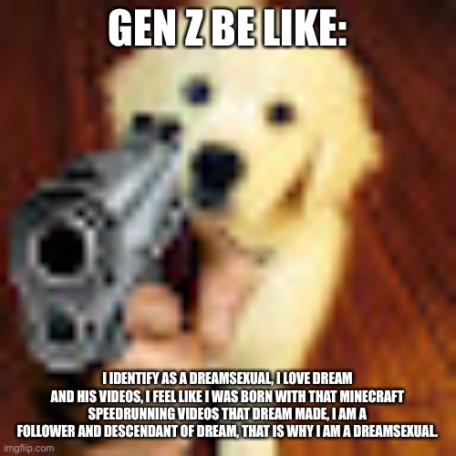 Dog gun | GEN Z BE LIKE:; I IDENTIFY AS A DREAMSEXUAL, I LOVE DREAM AND HIS VIDEOS, I FEEL LIKE I WAS BORN WITH THAT MINECRAFT SPEEDRUNNING VIDEOS THAT DREAM MADE, I AM A FOLLOWER AND DESCENDANT OF DREAM, THAT IS WHY I AM A DREAMSEXUAL. | image tagged in dog gun | made w/ Imgflip meme maker