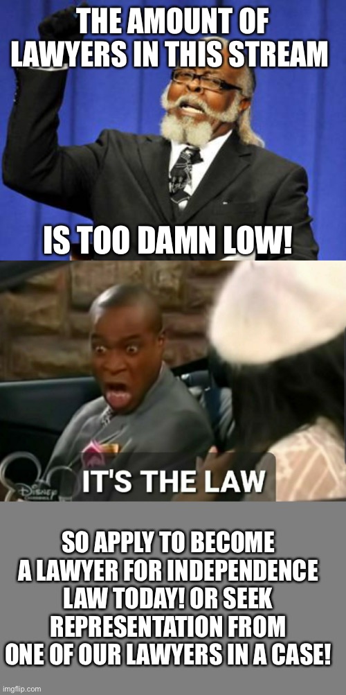 THE AMOUNT OF LAWYERS IN THIS STREAM; IS TOO DAMN LOW! SO APPLY TO BECOME A LAWYER FOR INDEPENDENCE LAW TODAY! OR SEEK REPRESENTATION FROM ONE OF OUR LAWYERS IN A CASE! | image tagged in memes,too damn high,it's the law,blank grey | made w/ Imgflip meme maker