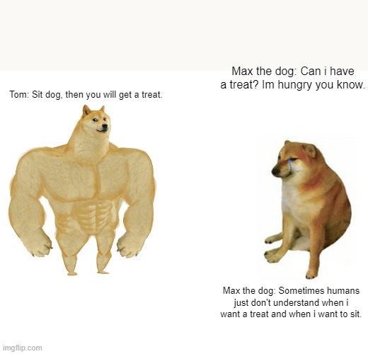 Dog and human non-understandation | Max the dog: Can i have a treat? Im hungry you know. Tom: Sit dog, then you will get a treat. Max the dog: Sometimes humans just don't understand when i want a treat and when i want to sit. | image tagged in memes,buff doge vs cheems | made w/ Imgflip meme maker