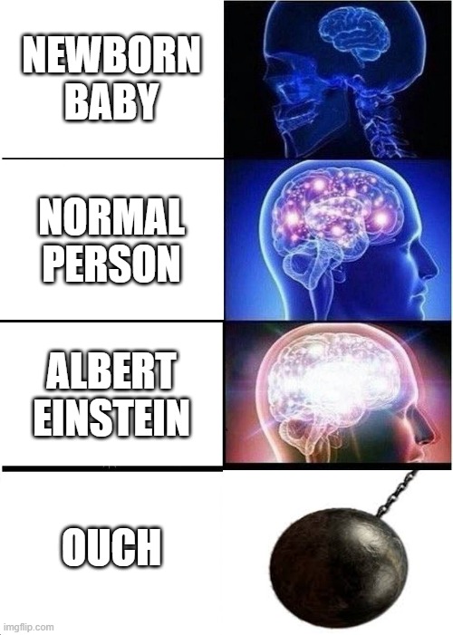 From dumb to smart | NEWBORN BABY; NORMAL PERSON; ALBERT EINSTEIN; OUCH | image tagged in memes,expanding brain | made w/ Imgflip meme maker
