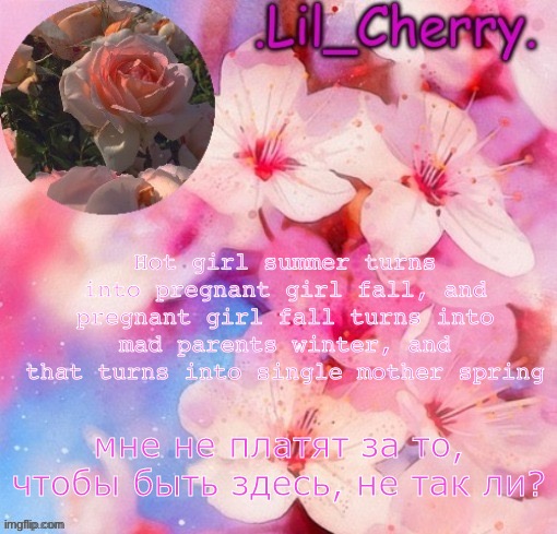 Lil_Cherrys Announcement Table. | Hot girl summer turns into pregnant girl fall, and pregnant girl fall turns into mad parents winter, and that turns into single mother spring | image tagged in lil_cherrys announcement table | made w/ Imgflip meme maker