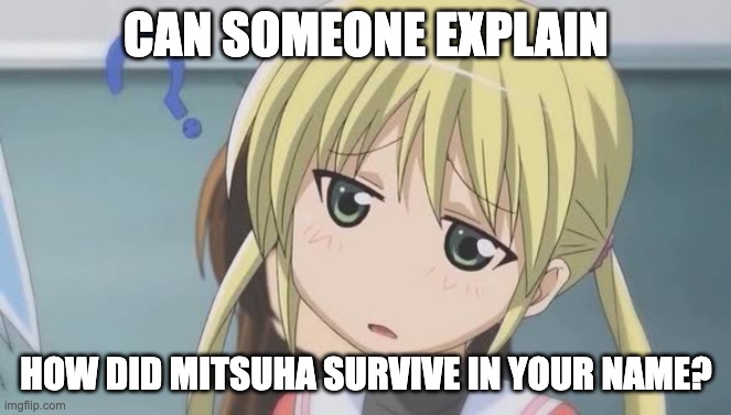 confused anime girl | CAN SOMEONE EXPLAIN; HOW DID MITSUHA SURVIVE IN YOUR NAME? | image tagged in confused anime girl | made w/ Imgflip meme maker