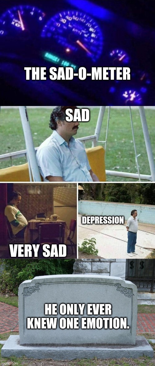 THE SAD-O-METER; SAD; DEPRESSION; VERY SAD; HE ONLY EVER KNEW ONE EMOTION. | image tagged in forever alone,gravestone,sad | made w/ Imgflip meme maker