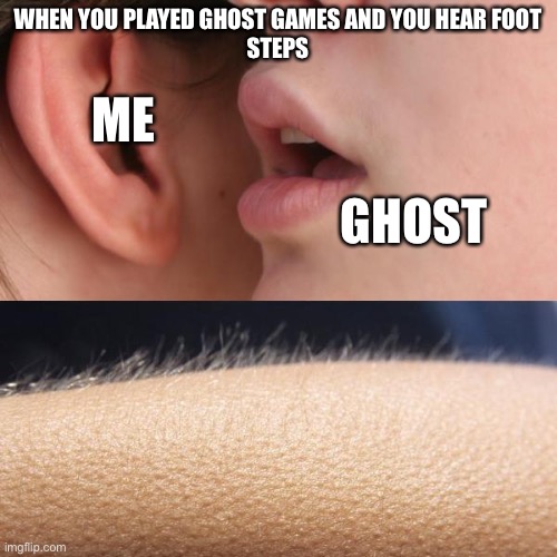 Goose bumps because of ghost games | WHEN YOU PLAYED GHOST GAMES AND YOU HEAR FOOT
STEPS; ME; GHOST | image tagged in whisper and goosebumps | made w/ Imgflip meme maker