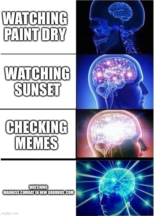 Me watching things be like | WATCHING PAINT DRY; WATCHING SUNSET; CHECKING MEMES; WATCHING MADNESS COMBAT IN NEW GROUNDS .COM | image tagged in memes,expanding brain | made w/ Imgflip meme maker