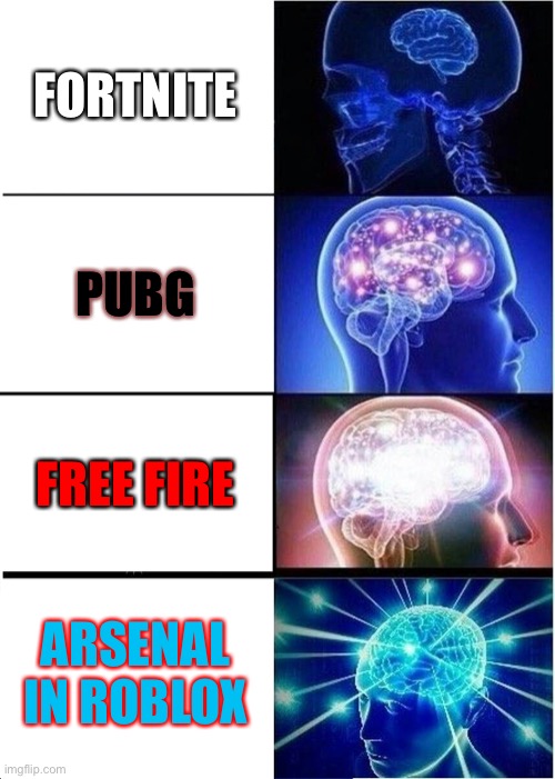 Shooting games | FORTNITE; PUBG; FREE FIRE; ARSENAL IN ROBLOX | image tagged in memes,expanding brain | made w/ Imgflip meme maker