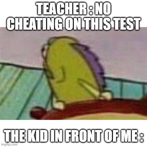 true LIES | TEACHER : NO CHEATING ON THIS TEST; THE KID IN FRONT OF ME : | image tagged in fish looking back | made w/ Imgflip meme maker
