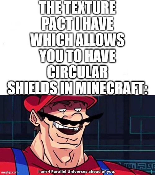 I am 4 Parallel Universes ahead of you | THE TEXTURE PACT I HAVE WHICH ALLOWS YOU TO HAVE CIRCULAR SHIELDS IN MINECRAFT: | image tagged in i am 4 parallel universes ahead of you | made w/ Imgflip meme maker