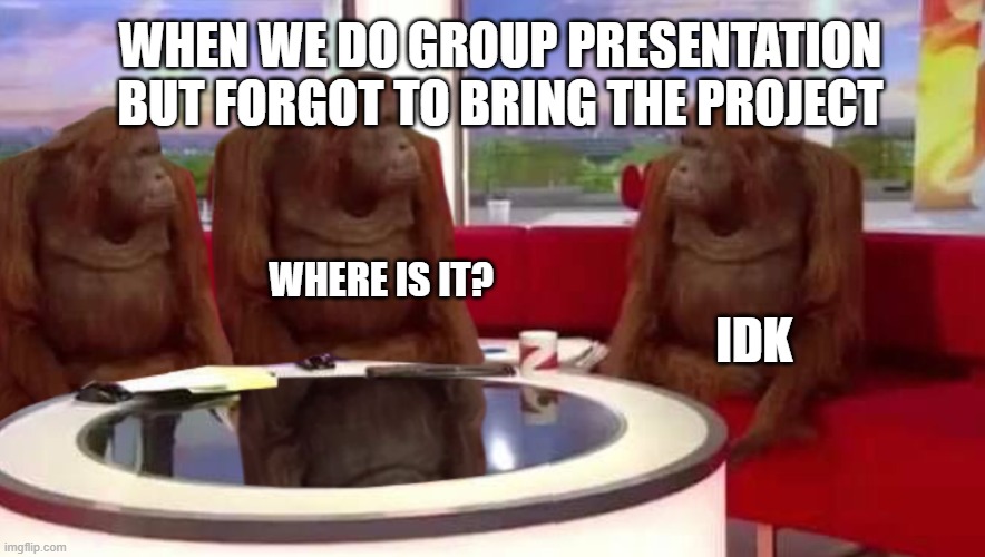 where monkey | WHEN WE DO GROUP PRESENTATION BUT FORGOT TO BRING THE PROJECT; WHERE IS IT? IDK | image tagged in where monkey | made w/ Imgflip meme maker