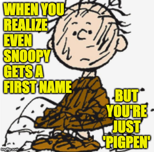 Personal hygiene is important. | WHEN YOU
REALIZE
EVEN
SNOOPY
GETS A
FIRST NAME; BUT YOU'RE JUST 'PIGPEN' | image tagged in memes,behavior has consequences,pigpen,peanuts | made w/ Imgflip meme maker