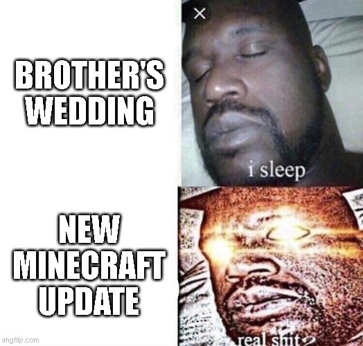 i sleep real shit | BROTHER'S WEDDING; NEW MINECRAFT UPDATE | image tagged in i sleep real shit | made w/ Imgflip meme maker