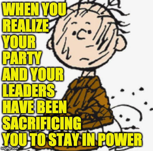 I mean, this is how it would look if you realized it. | WHEN YOU
REALIZE
YOUR
PARTY
AND YOUR
LEADERS
HAVE BEEN
SACRIFICING
YOU TO STAY IN POWER | image tagged in memes,gop morals,pigpen,reality check,thanks i needed that | made w/ Imgflip meme maker