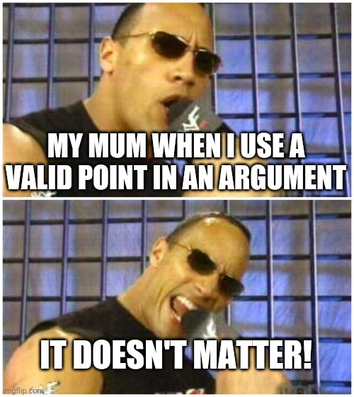 The Rock It Doesn't Matter |  MY MUM WHEN I USE A VALID POINT IN AN ARGUMENT; IT DOESN'T MATTER! | image tagged in memes,the rock it doesn't matter | made w/ Imgflip meme maker