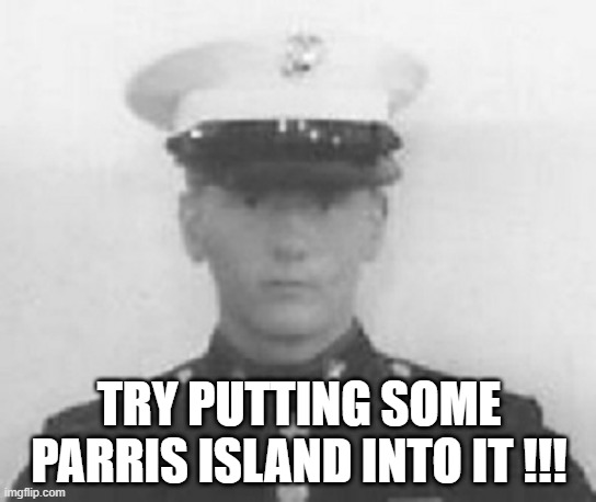 Put some Parris Island into it. | TRY PUTTING SOME PARRIS ISLAND INTO IT !!! | image tagged in usmc,parris island,work hard,hard work | made w/ Imgflip meme maker