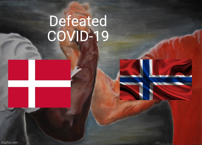 CONGRATULATIONS TO THEM! |  Defeated COVID-19 | image tagged in memes,epic handshake,denmark,norway,coronavirus,covid-19 | made w/ Imgflip meme maker