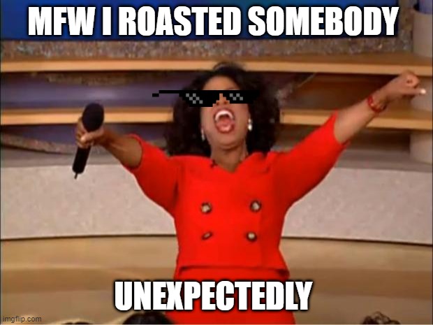 meme | MFW I ROASTED SOMEBODY; UNEXPECTEDLY | image tagged in memes,oprah you get a | made w/ Imgflip meme maker