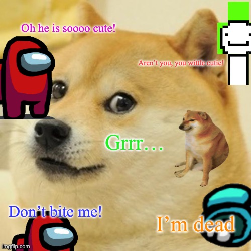 Upvote party (It’s among us!) | Oh he is soooo cute! Aren’t you, you wittle cutie! Grrr…; Don’t bite me! I’m dead | image tagged in memes,doge | made w/ Imgflip meme maker