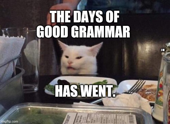 Salad cat | THE DAYS OF GOOD GRAMMAR; J M; HAS WENT. | image tagged in salad cat | made w/ Imgflip meme maker