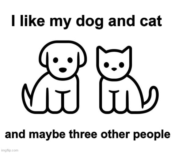 I like my dog and cat | I like my dog and cat; and maybe three other people | image tagged in dogs,cats | made w/ Imgflip meme maker