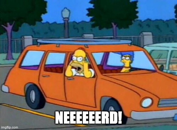 Homer shouting from car | NEEEEEERD! | image tagged in homer shouting from car | made w/ Imgflip meme maker