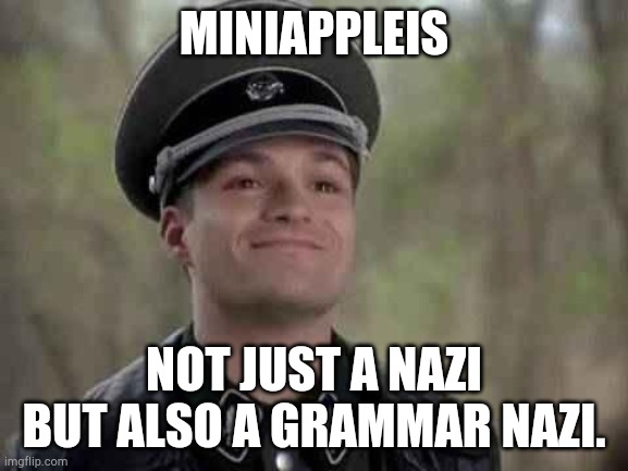 grammar nazi | MINIAPPLEIS NOT JUST A NAZI BUT ALSO A GRAMMAR NAZI. | image tagged in grammar nazi | made w/ Imgflip meme maker